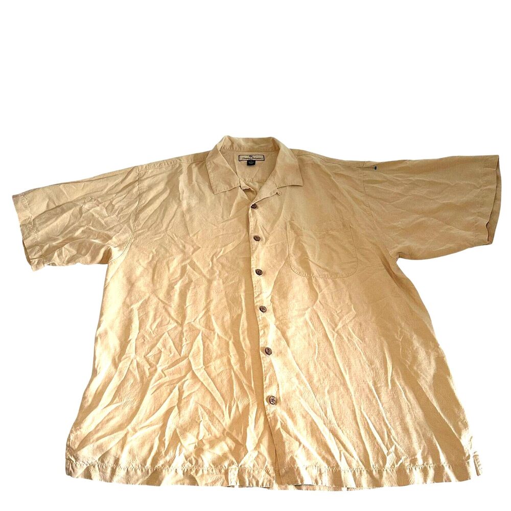 Tommy Bahama 100% Silk Button Up Shirt Men's Size XL Beige Palm Trees Beach Surf
